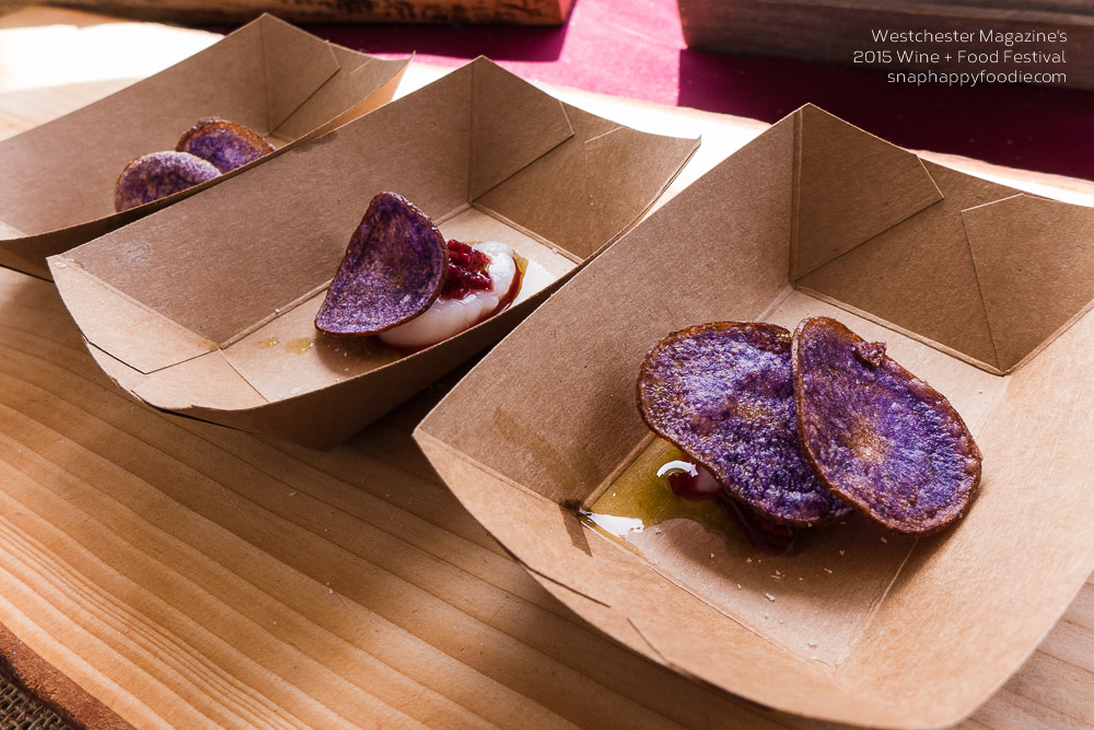 Raw scallop at the bottom, pickled cherries, cod oil covered with a potato chip from Good-Life Gourmet